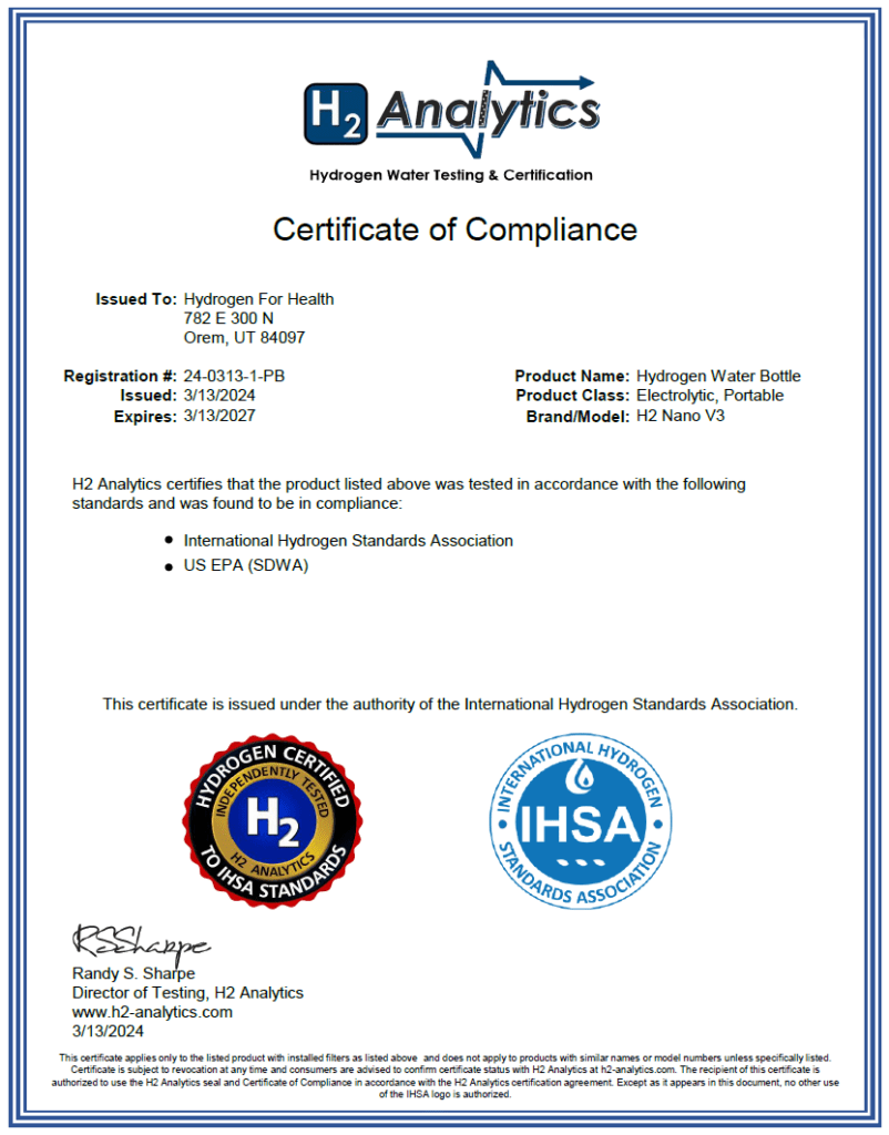 Hydrogen water bottle certificate